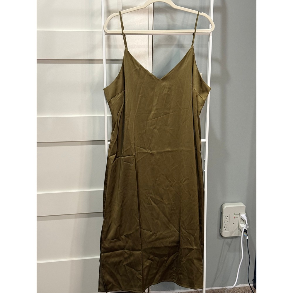 The Drop Ana V-Neck Midi Slip Dress Olive Satin XL 90's Minimalist Quiet Luxury